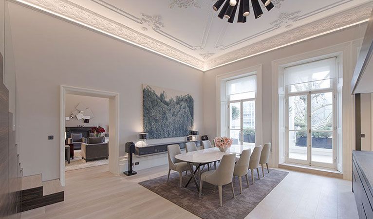 Dining area with handmade cornice & mouldings reproduced as a perfect replication from adjoining apartment in Kensington