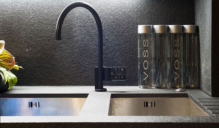 Double sink and Dormbracht boiling hot and chilled cold water double function kitchen tap in Kensington apartment SW7