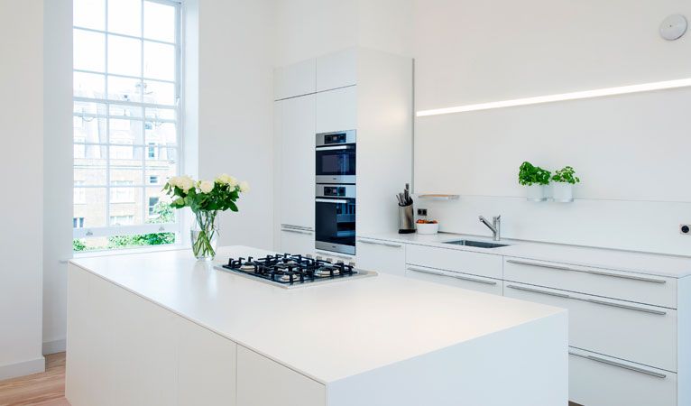 Bulthaup kitchen units & island with horizontal LED strip light in Covent Garden