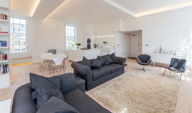 Panoramic view of high specification living space in with high & low level mood lighting in Covent Garden WC2