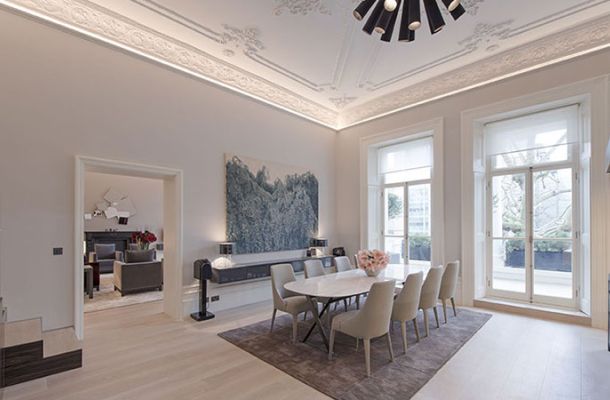 Dining area with handmade cornice & mouldings reproduced as a perfect replication from adjoining apartment in Kensington